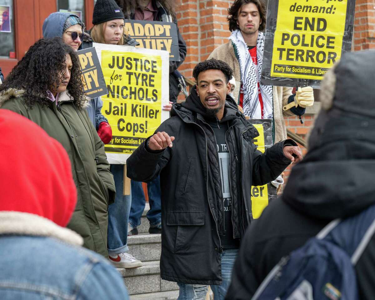 Saratoga Black Lives Matter leader Lexis Figuereo speaks during a press conference in front of Saratoga City Hall on Tuesday, Jan. 31, 2023, in Saratoga Springs, N.Y. He met with the state Attorney General's office on Thursday to get an update on an investigation into Saraotga Springs police and its treatment of BLM activists.