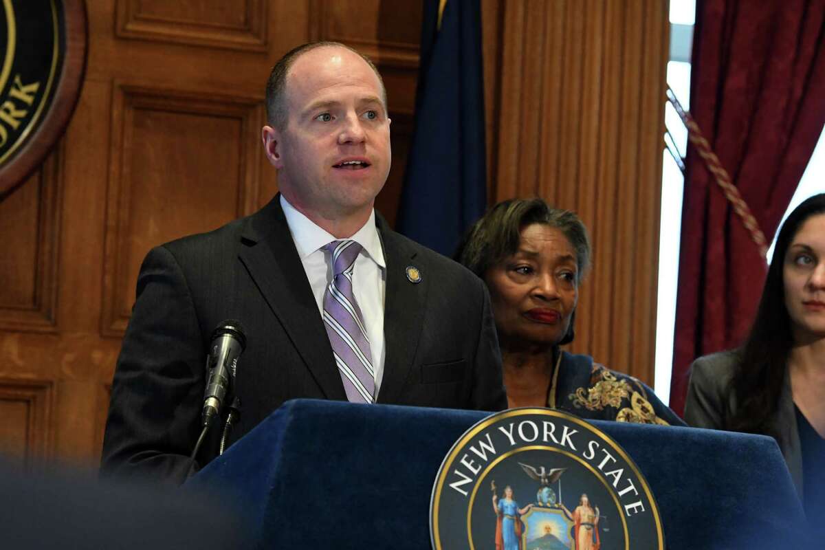 Sen. Timothy Kennedy, chairman of the state Committee on Transportation, joins State Senate Majority Leader Andrea Stewart-Cousins to unveil a package of bills recommended by the New York Stretch Limousine Safety Task Force to improve limousine safety and protect passengers on Tuesday, Jan. 31, 2023, during a press conference at the Capitol in Albany, N.Y.