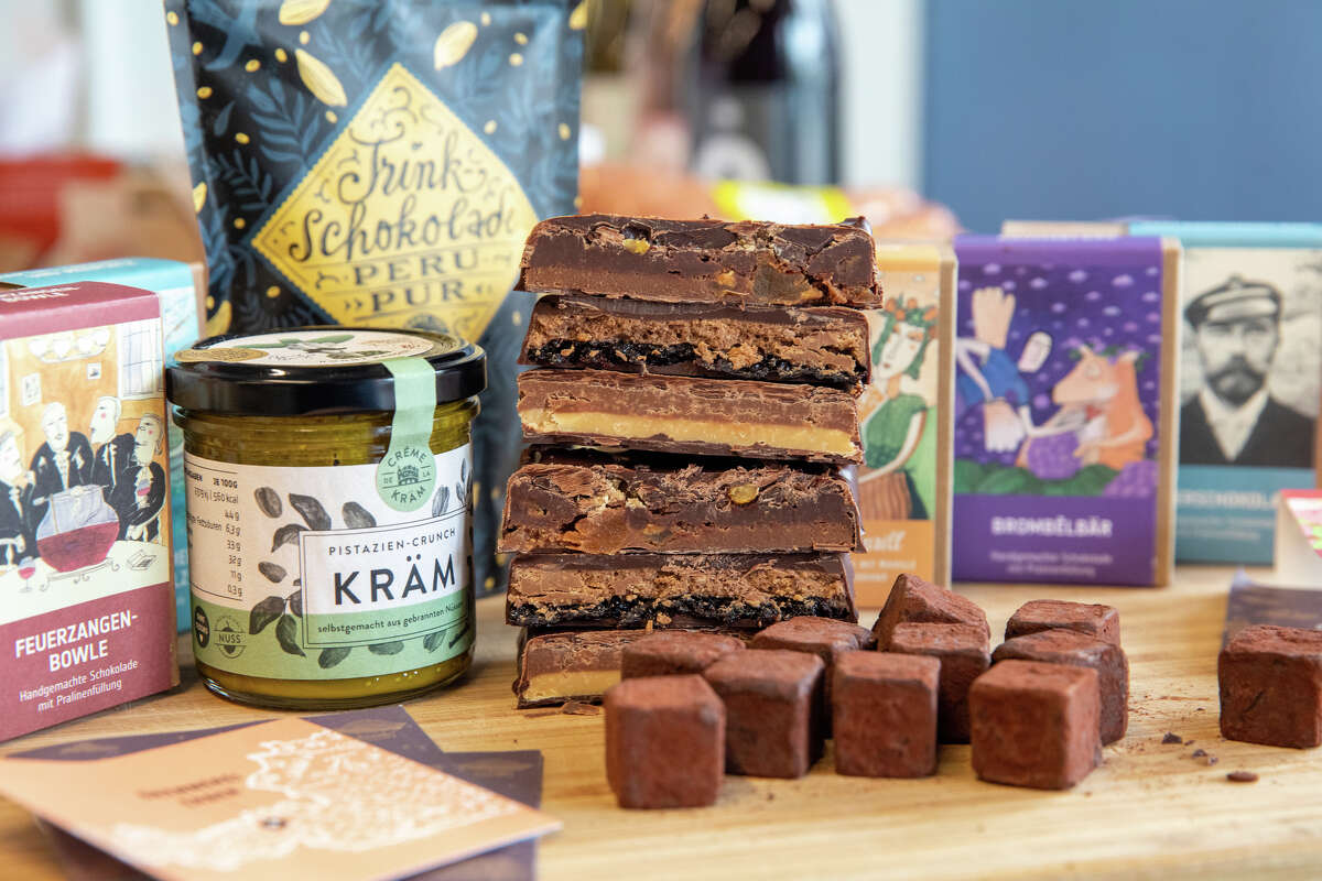 Chocolates made by Goldhelm Schokoladen Manufaktur, BrŸckentrŸffel, and other german food items available at Lehr's German Specialties in the Noe Valley of San Francisco, Calif. on Jan. 29, 2023.