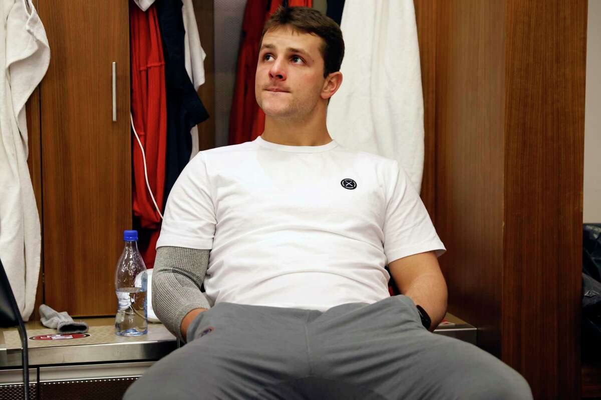 Brock Purdy, a quarterback for the San Francisco 49ers, inside the 49ers’ locker room at Levi’s Stadium in Santa Clara, Calif., Tuesday, Jan. 31, 2023. The 49ers invited members of the news media to interview players, who were packing up their belongings to prepare for the off season.