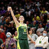 SEATTLE, WASHINGTON - AUGUST 03: Breanna Stewart #30 of the Seattle Storm shoots against the Minnesota Lynx during the third quarter at Climate Pledge Arena on August 03, 2022 in Seattle, Washington. (Photo by Steph Chambers/Getty Images)