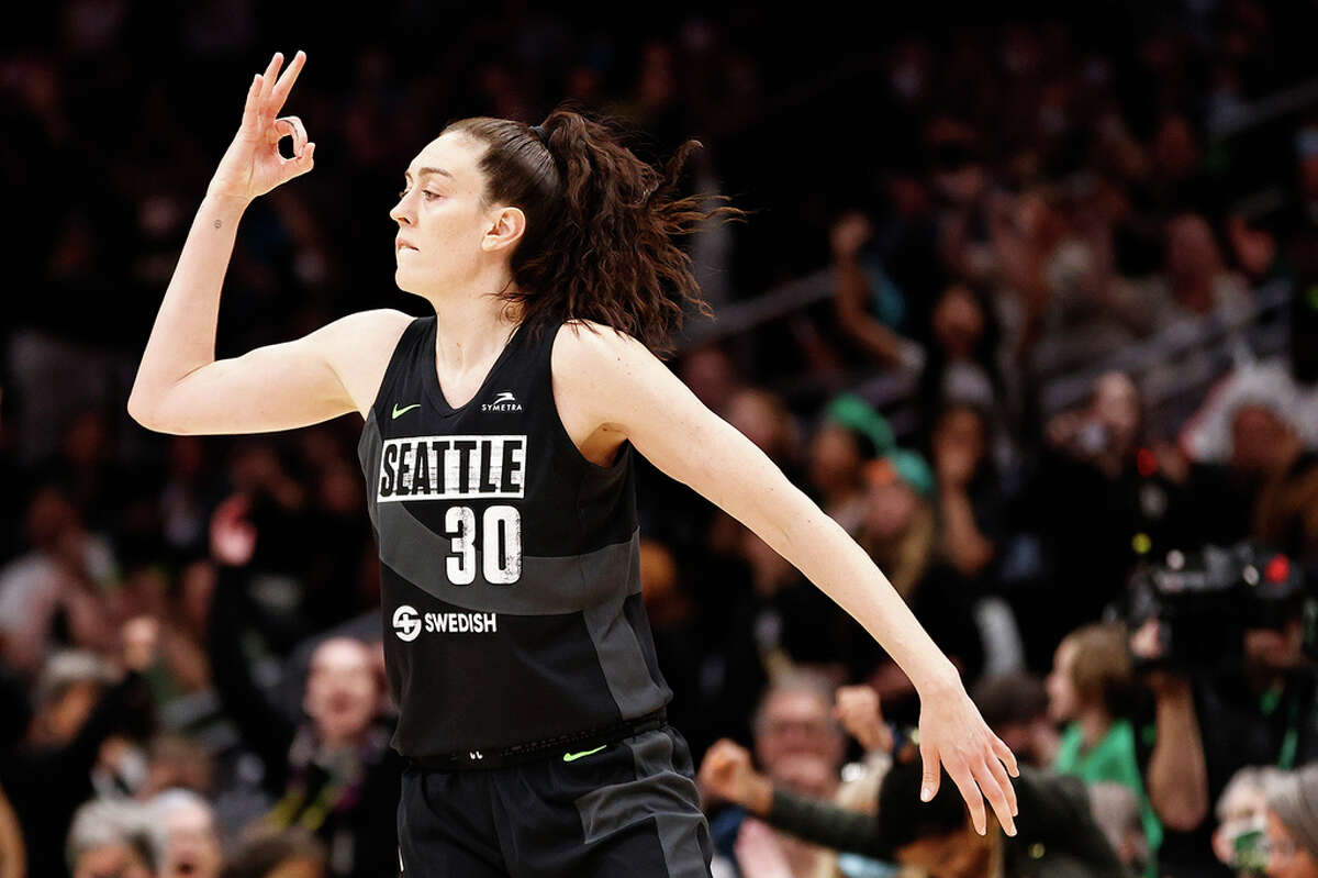 Breanna Stewart #30 of the Seattle Storm reacts after her three point basket in overtime against the New York Liberty at Climate Pledge Arena on May 27, 2022, in Seattle, Washington. (Steph Chambers/Getty Images/TNS)