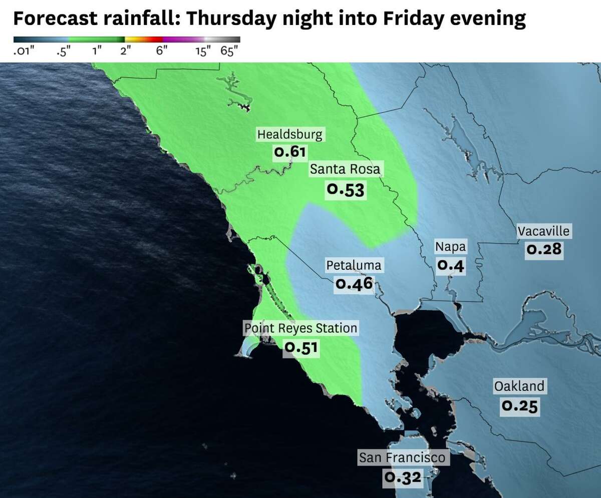 The total rain accumulations that are forecast for Northern California during the first round of showers on Thursday night into Friday evening, with up to an inch and a half of rain possible at the highest peaks in the North Bay.
