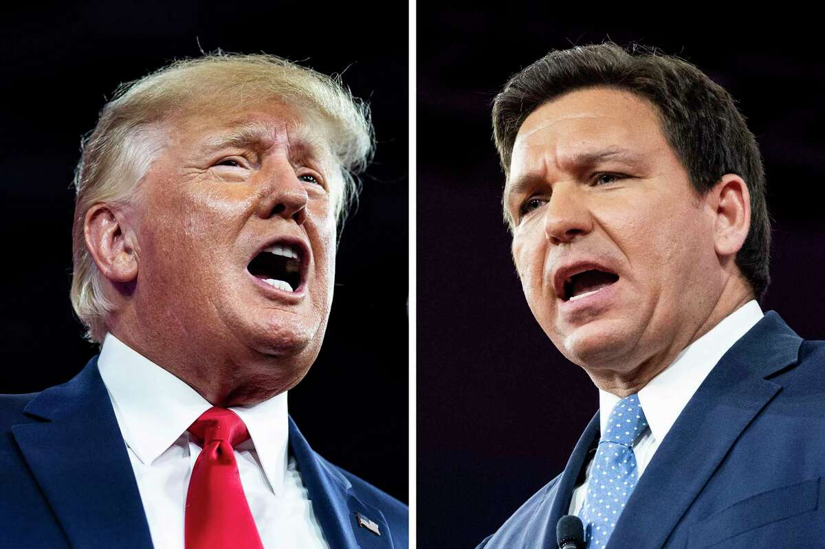 Former president Donald Trump, left, and Florida Gov. Ron DeSantis (R) in separate February 2022 appearances at the Conservative Political Action Conference in Orlando, Fla.