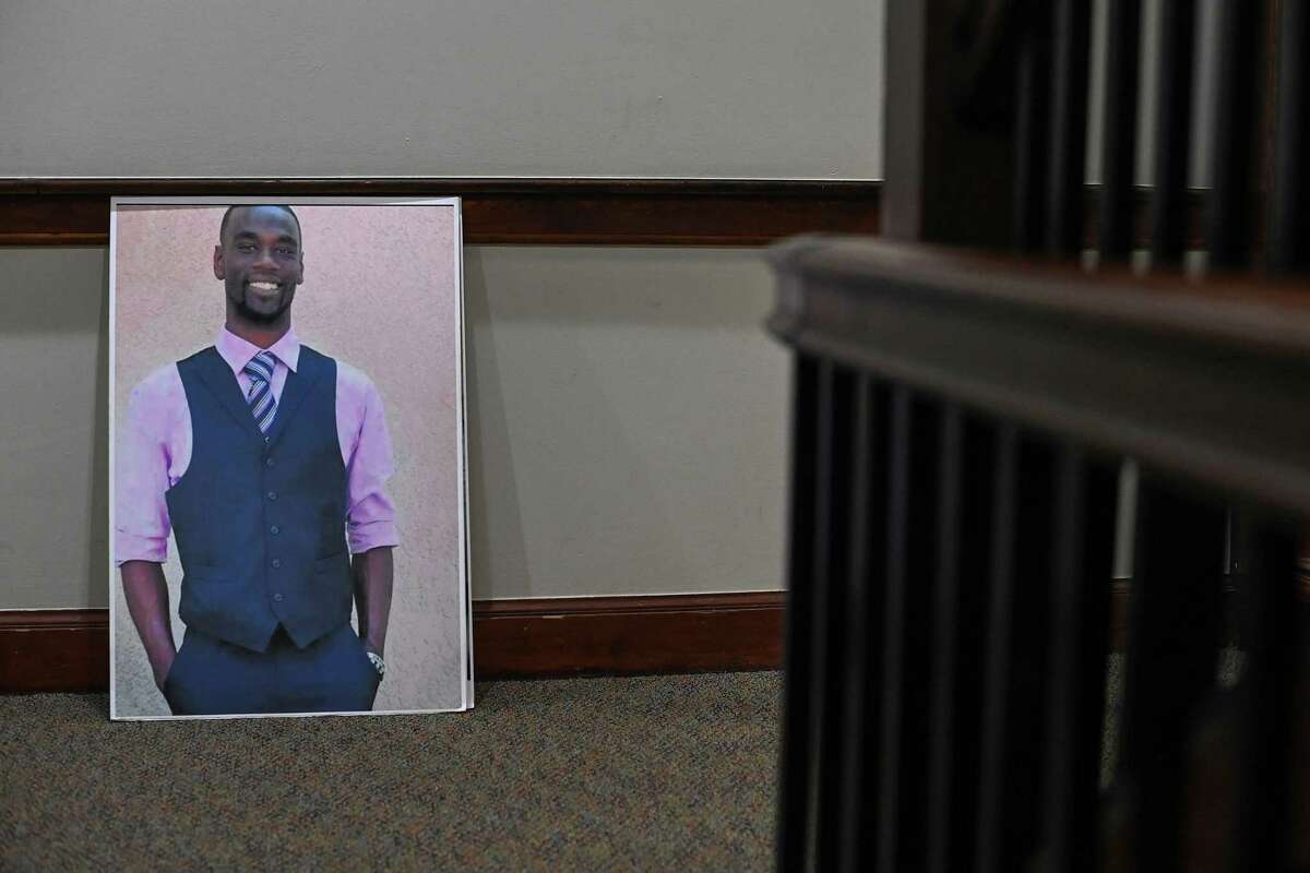 A photo of Tyre Nichols is displayed outside the sanctuary at Mt. Olive Cathedral CME Church in Memphis, where Nichols was remembered during the service.