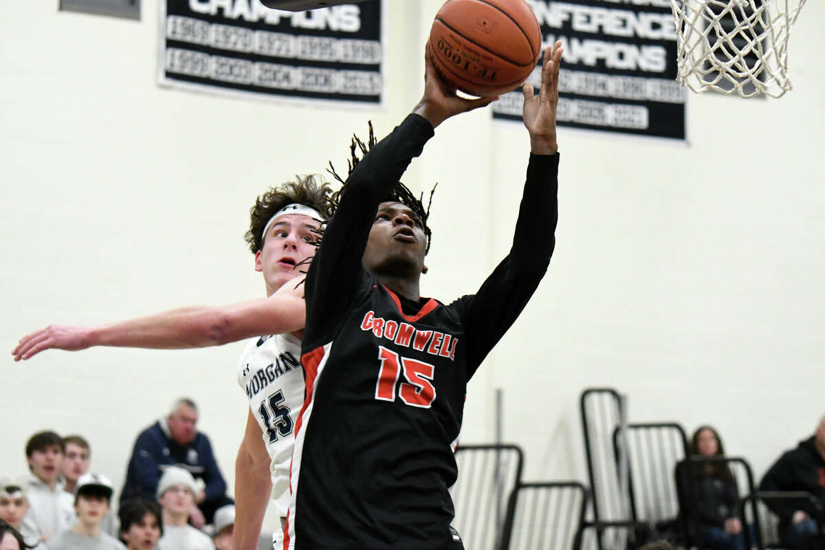 Cromwell's Victor Payne during a boys basketball game between Cromwell and Morgan at The Morgan School, Clinton on Tuesday, Jan. 31, 2023.