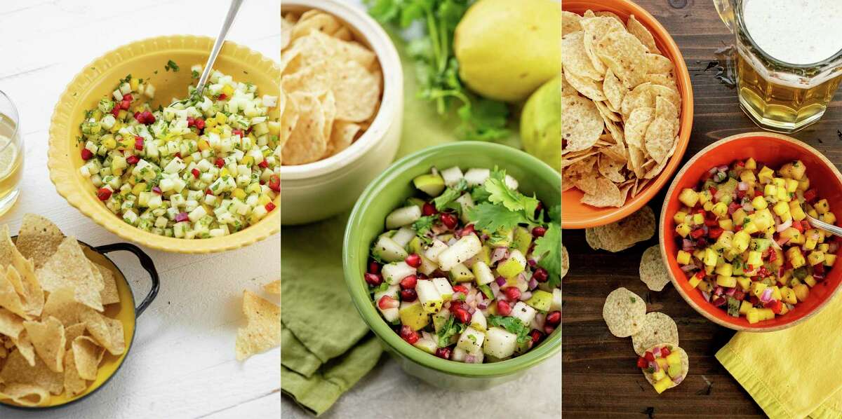 This combination of photos show salsa recipes, from left, pineapple mint jalapeno, spice pear and cilantro, and tropical fruit. (Cheyenne Cohen via AP)