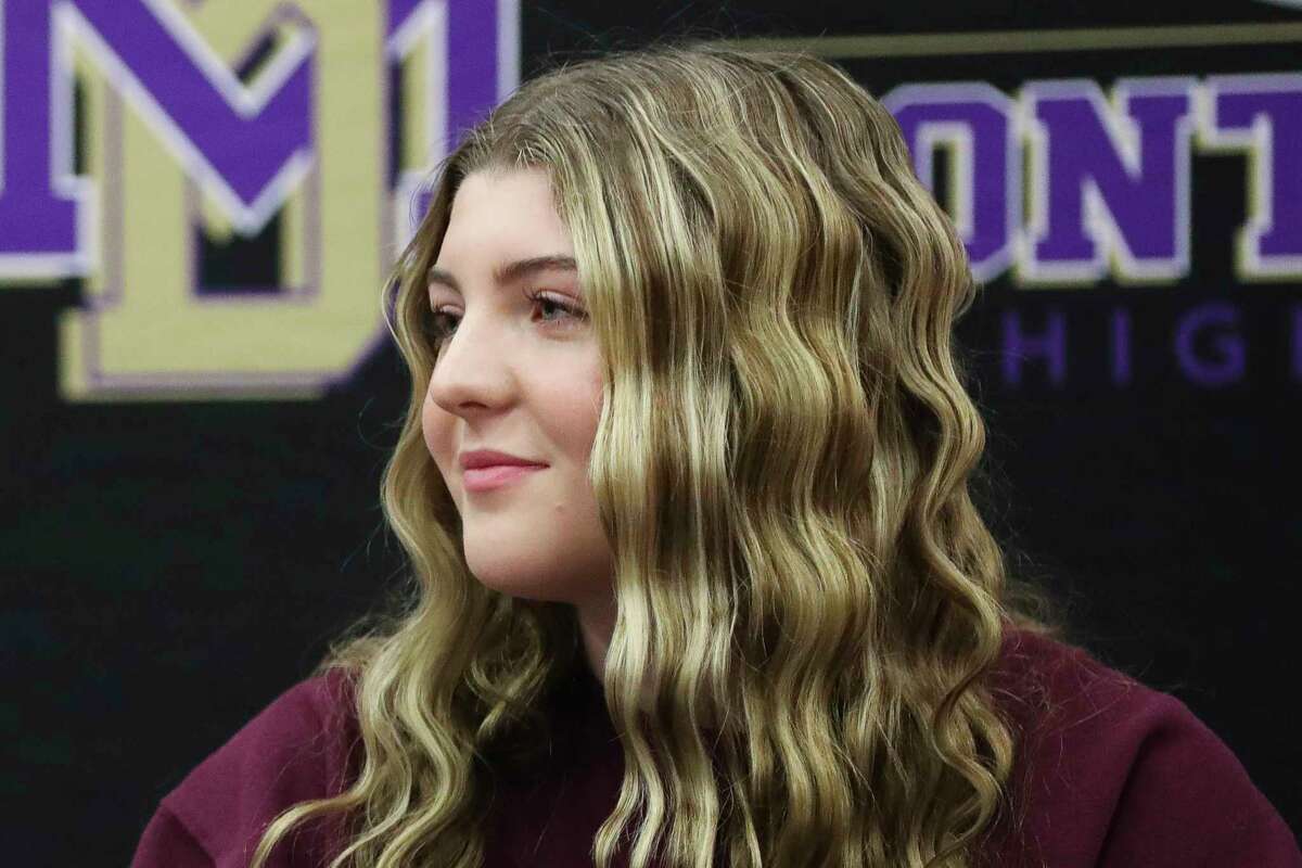 Reese Hall signed to play softball for Schreiner University during a ceremony on National Singing Day at Montgomery High School, Wednesday, Feb. 1, 2023, in Montgomery. Eight athletes signed to play sports at the college level.