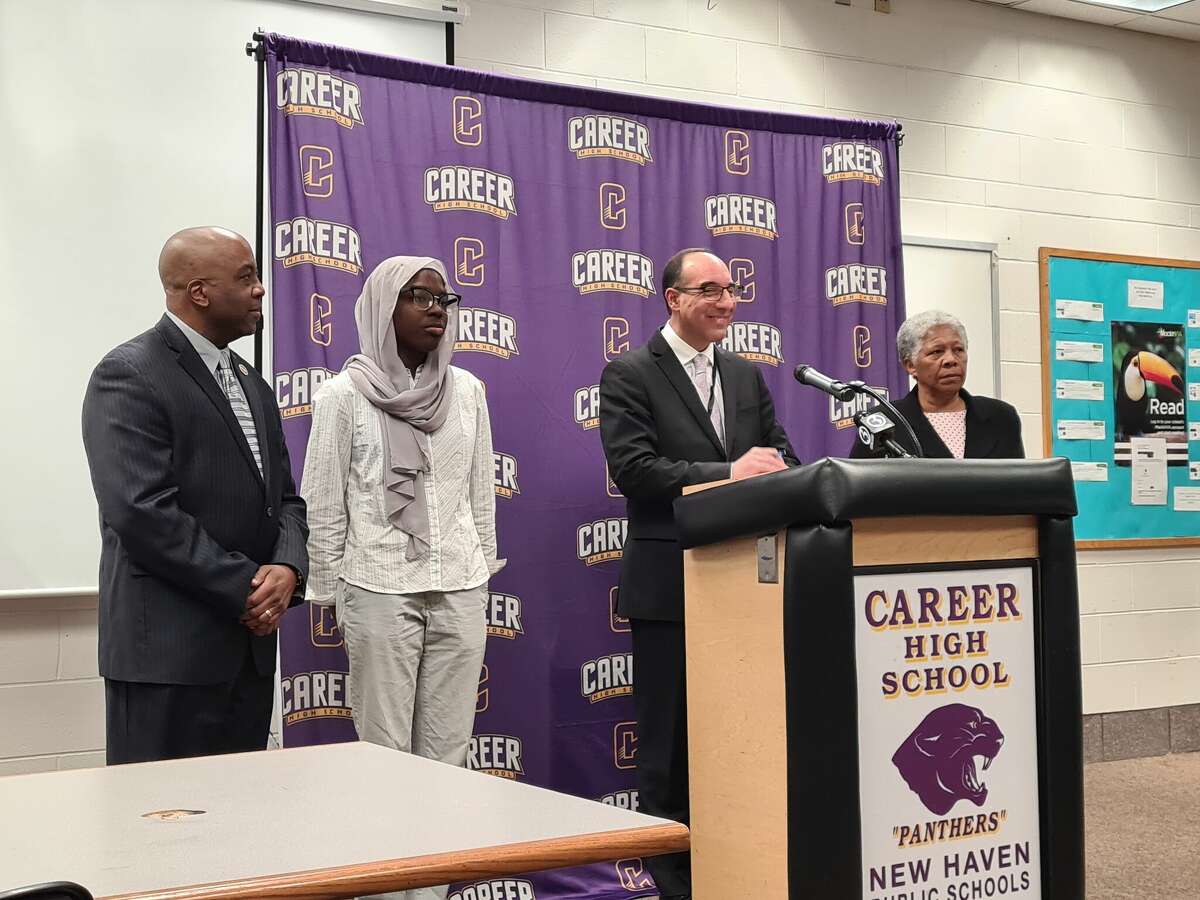 New Haven Economic Development Administrator Michael Piscitelli speaks at a press conference at Hill Regional Career High School Jan. 31, 2023.