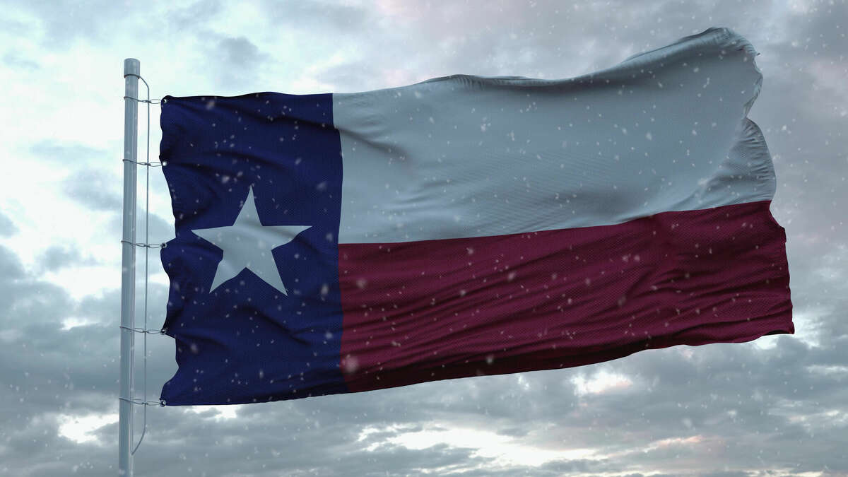 Snow flurries against a Texas flag.