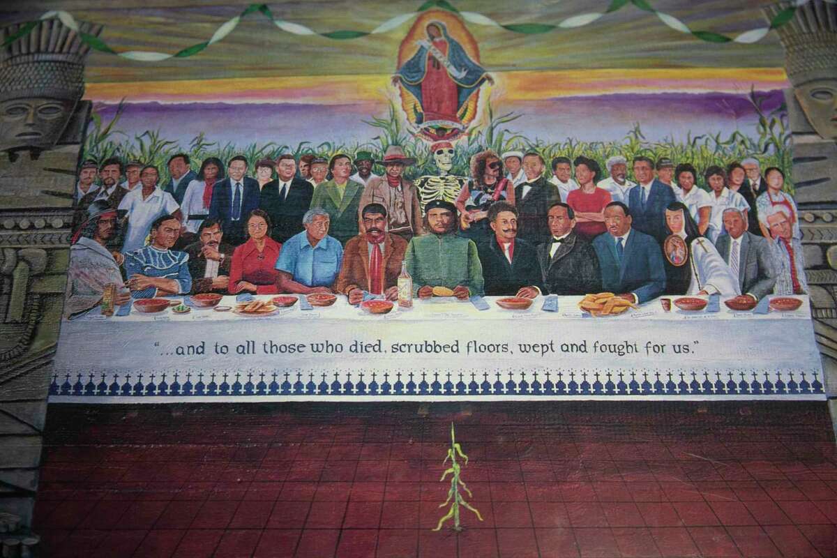 Among the posters in the collection is “The Last Supper of Chicano Heroes,” from a photograph by Ed Souza of a detail of the mural “The Mythology and History of Maiz” by Jose Antonio Burciaga at Stanford University.