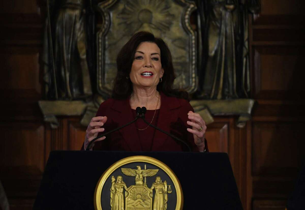 Gov. Kathy Hochul presents her 2024 executive budget during an address before legislative leaders on Wednesday in the Red Room at the Capitol in Albany.