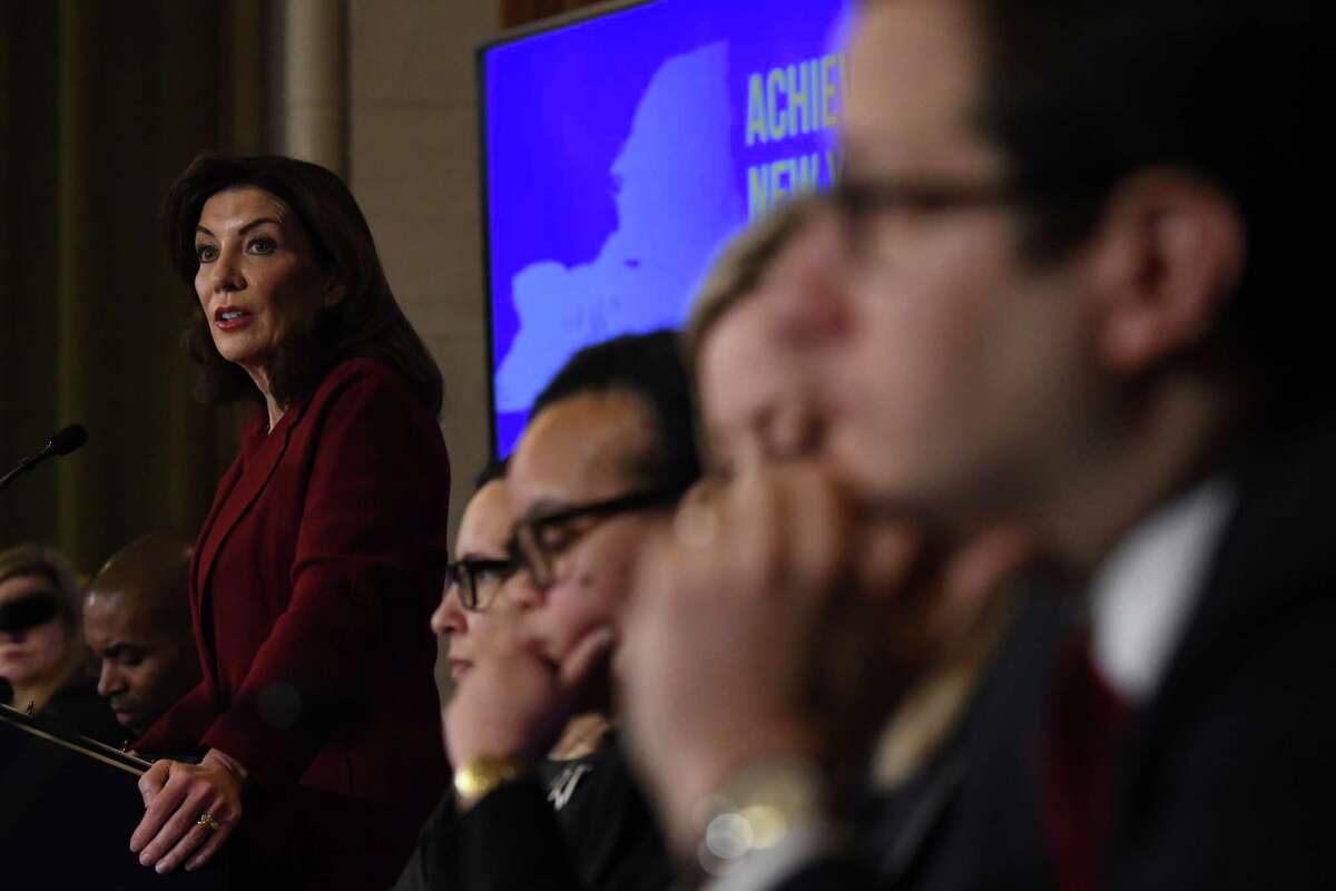 Gov. Kathy Hochul answers questions after presenting her 2024 executive budget during an address on Wednesday in the Red Room at the Capitol in Albany.