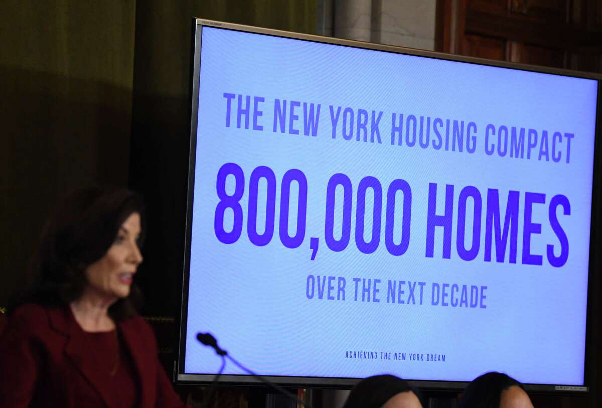 Gov. Kathy Hochul outlines key points to her 2024 executive budget, including funding for housing, during an address before legislative leaders on Wednesday in the Red Room at the Capitol in Albany..