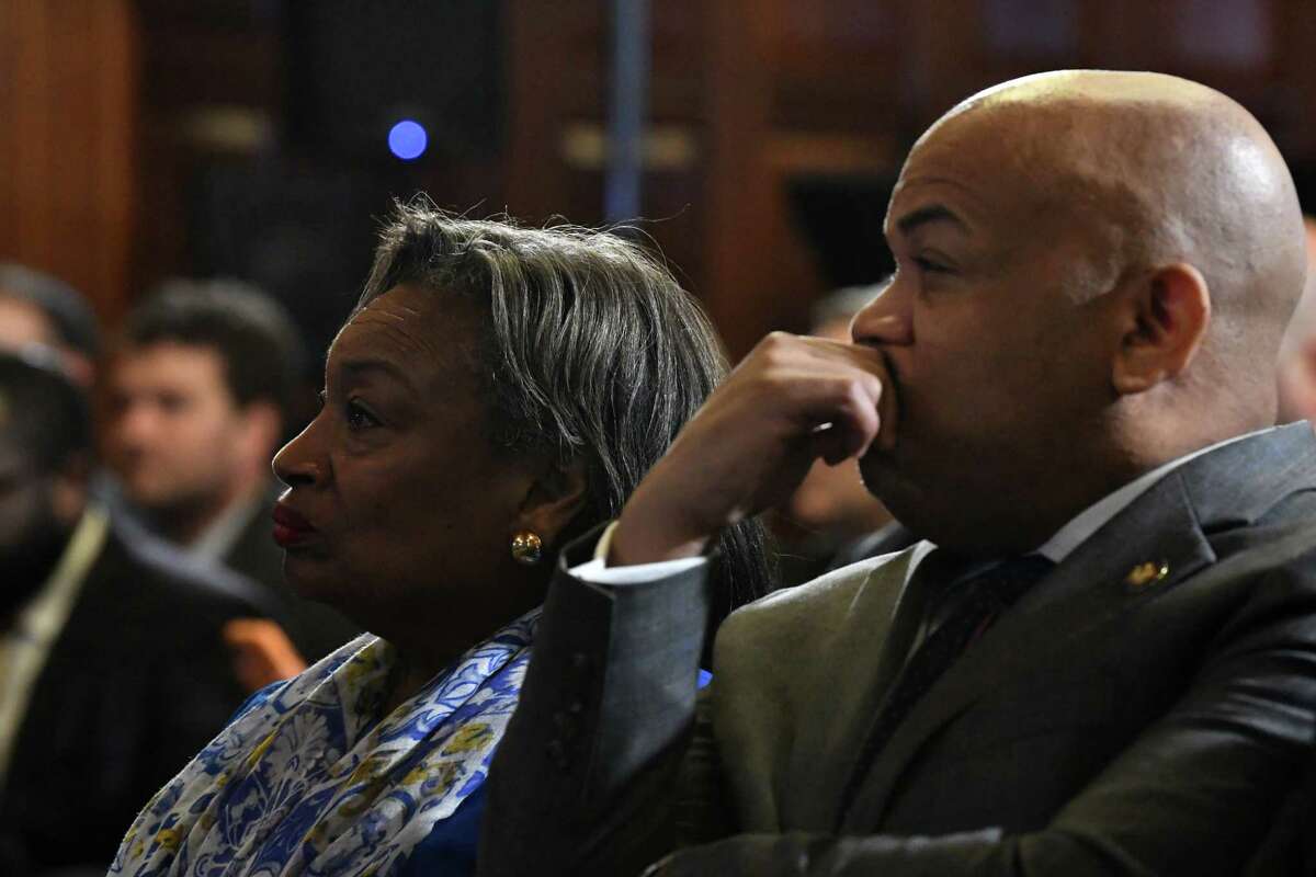 Senate Majority Leader Andrea Stewart-Cousins, left, and Assembly Speaker Carl Heastie, right, listen to Gov. Kathy Hochul present her 2024 executive budget on Feb. 1 in the Red Room at the Capitol in Albany.