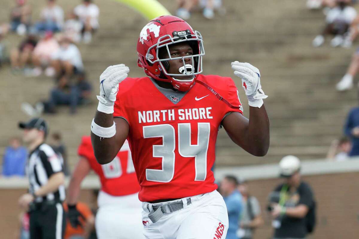 North Shore running back Rashaad Johnson (34) reacts after scoring a touchdown. Johnson has signed to play football at Lamar University.