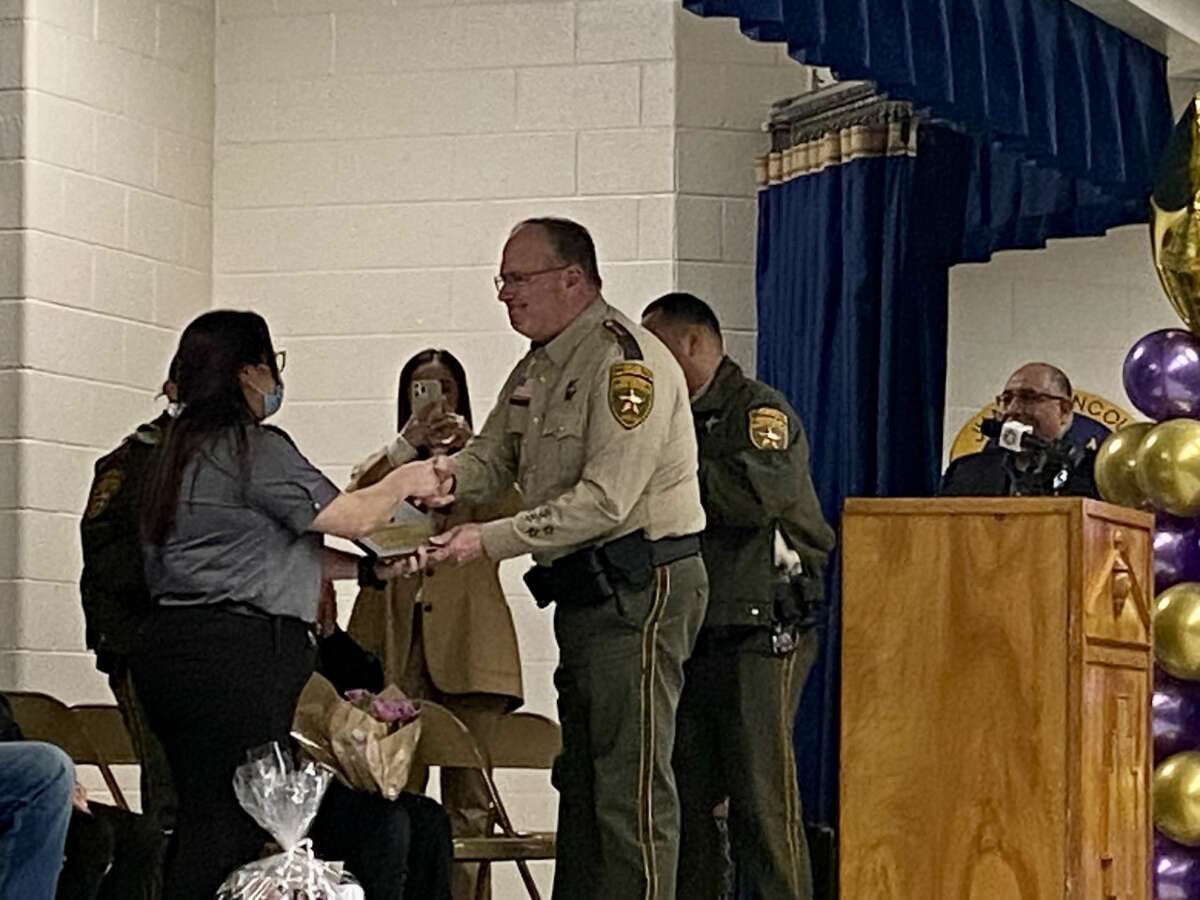 Chief Scott Avant from Webb County Sheriff's Office presented Karina Ramos with the Life Saving Award at Juarez-Lincoln Elementary School on Wednesday, Feb. 1, 2023.