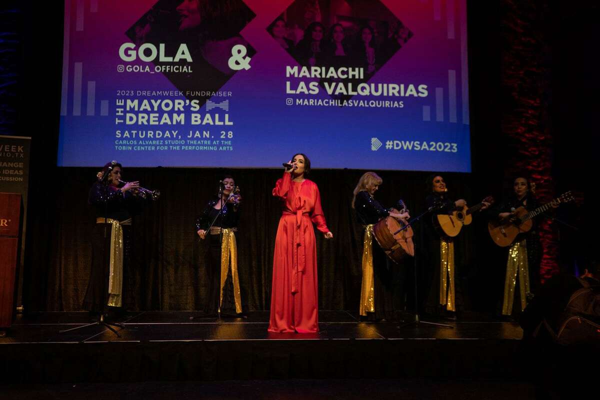 Gola sings the National Anthem with the Mariachi Las Valquirias to open the Mayor’s Dream Ball at the Tobin Center on Saturday evening. (Kaylee Greenlee Beal/Contributor)