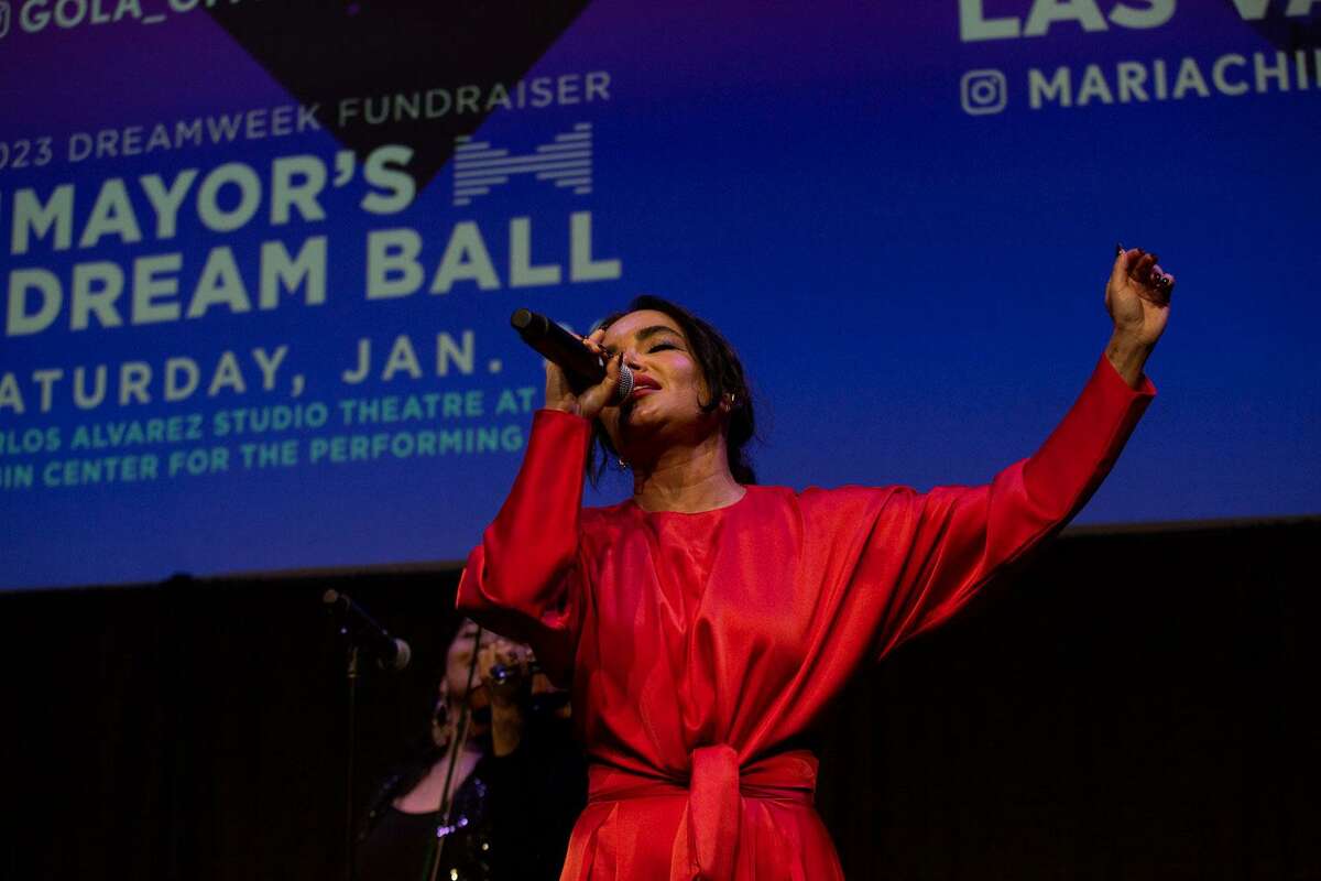 Gola sings the National Anthem with the Mariachi Las Valquirias to open the Mayor’s Dream Ball at the Tobin Center on Saturday evening.