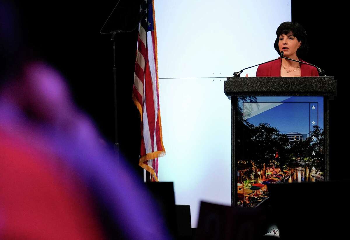 Texas Railroad Commissioner Christi Craddick addresses delegates during the second day of the Republican Party of Texas convention at George R. Brown Convention Center on Thursday, June 16, 2022.