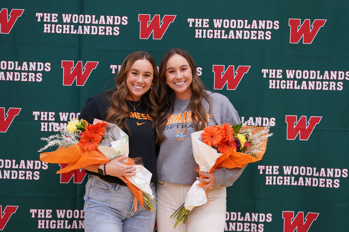 The Woodlands softball players Gabby and Alannah Leach are seen during the National Signing Day ceremony Wednesday, Feb. 1, 2023 at The Woodlands High School.