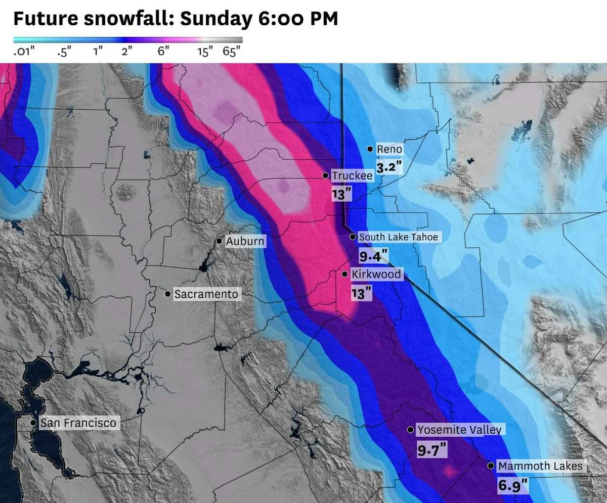 The American weather model’s snowfall outlook through Sunday night, with anywhere from 3 to 6 inches of snow likely to fall along I-80 between Auburn and Reno. Higher totals — over 12 inches of snow — will be possible above 4,000 feet.