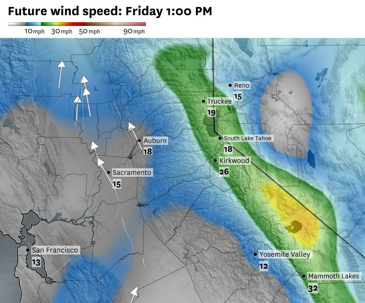 Friday's peak winds over the Tahoe Territory and Sierra Nevada, with gusts of 20 to 30 mph along I-80 and up to 60 mph on peaks over 6,000 feet -- including Kirkwood.