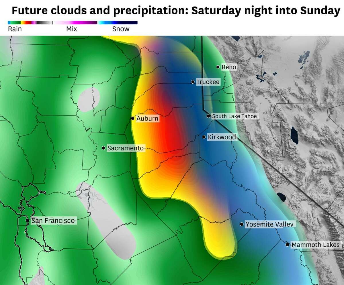 The cold front from the second low will sweep over the Sierra Nevada after midnight Sunday, blanketing Tahoe, Truckee, Donner Pass and most of the I-80 pass with heavy snow gusts, wind gusts up to 45 mph and whiteout conditions up Sunday afternoon.