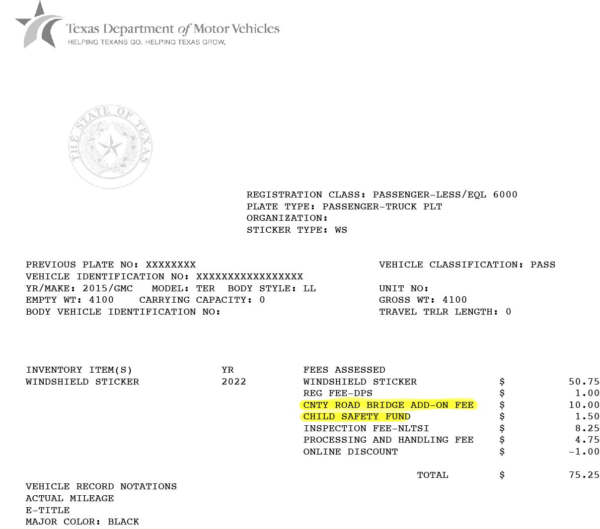 Registration Fees by Vehicle Type