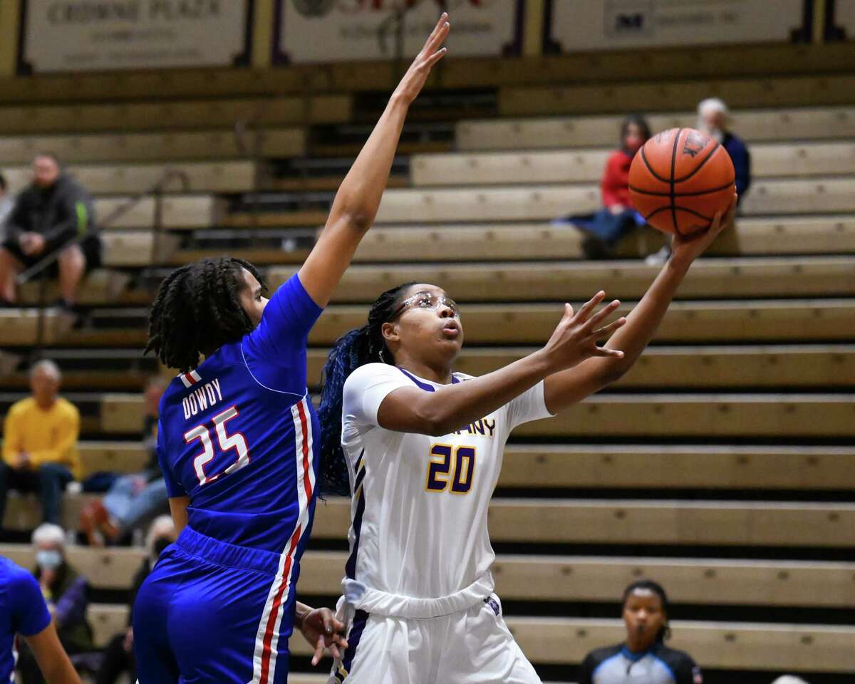 UAlbany junior Kayla Cooper, right, shown in a recent game, had 21 points and 12 rebounds for the Danes against Bryant on Wednesday, Feb. 8, 2023, at Hudson Valley Community College.