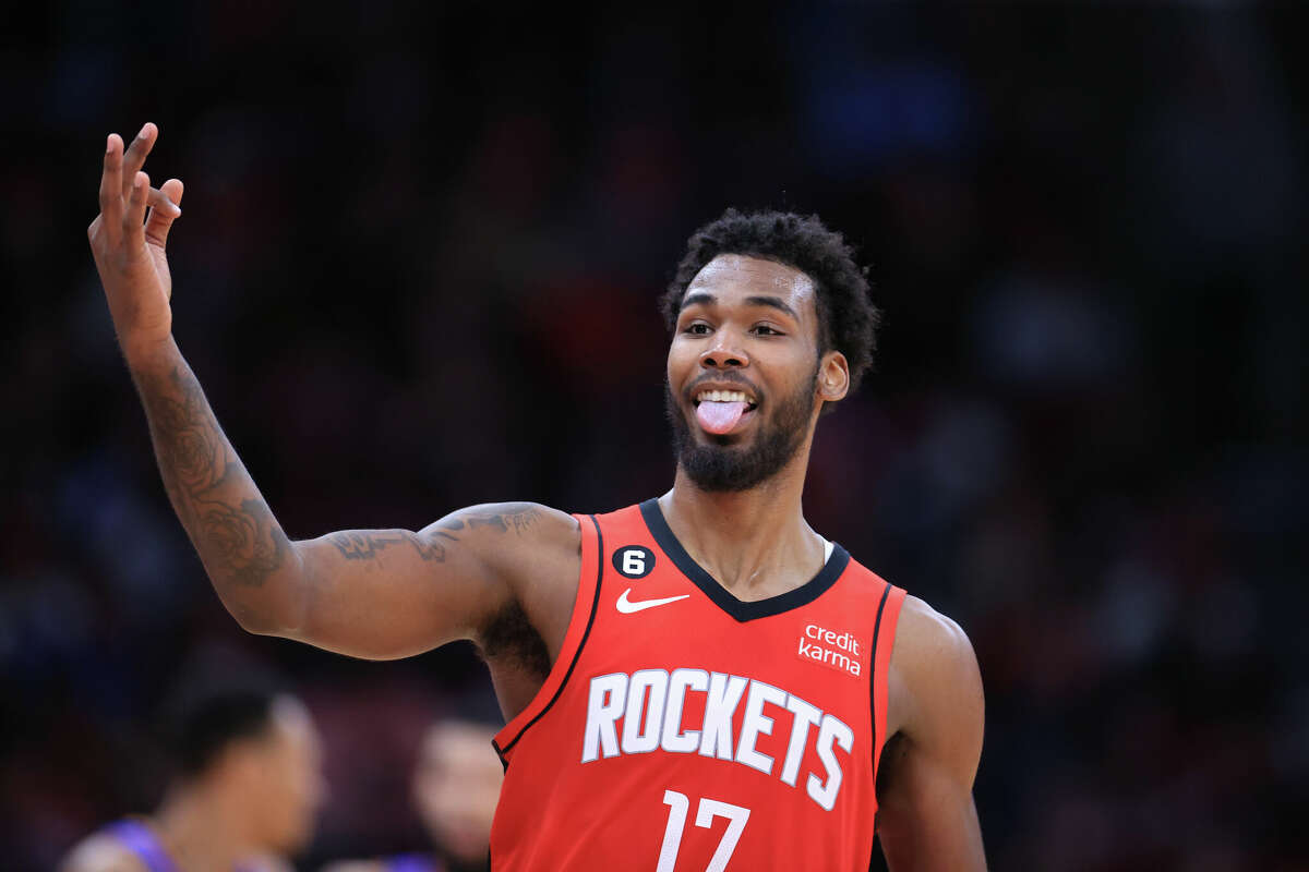 Tari Eason #17 of the Houston Rockets reacts to a three point basket against the Oklahoma City Thunder during the second half at Toyota Center on February 01, 2023 in Houston.