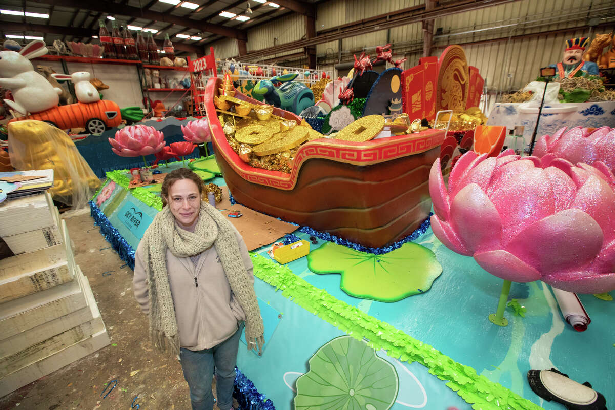 Stephanie Mufson, shown at her warehouse on Pier 54 in San Francisco on Jan. 30, 2023, heads a team that constructs and decorates many of the parade floats that will take part in the Chinese New Year Parade.