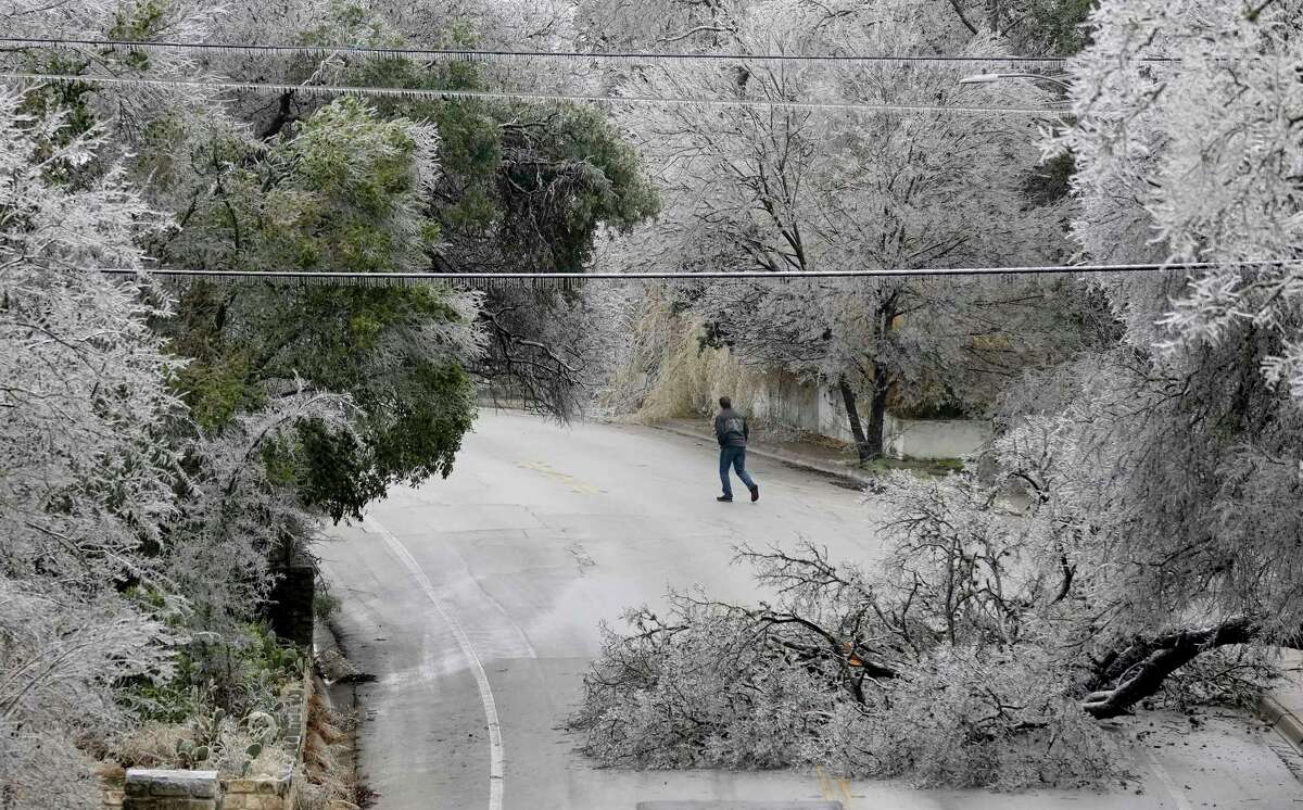 A fallen tree blocks most of Barton Skyway during a winter storm on Wednesday, Feb. 1, 2023, in Austin, Texas. (Jay Janner/Austin American-Statesman via AP)