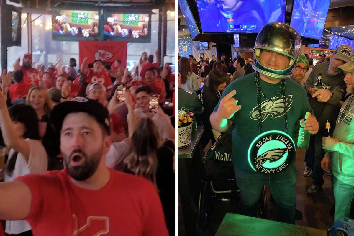 Two Houston Little Woodrow's will be the home of Kansas City Chiefs fans and Philadelphia Eagles fans. Kansas City Chiefs fans at Little Woodrow's Midtown location (left) and Philadelphia Eagles fans at Little Woodrow's Shepherd location (right).
