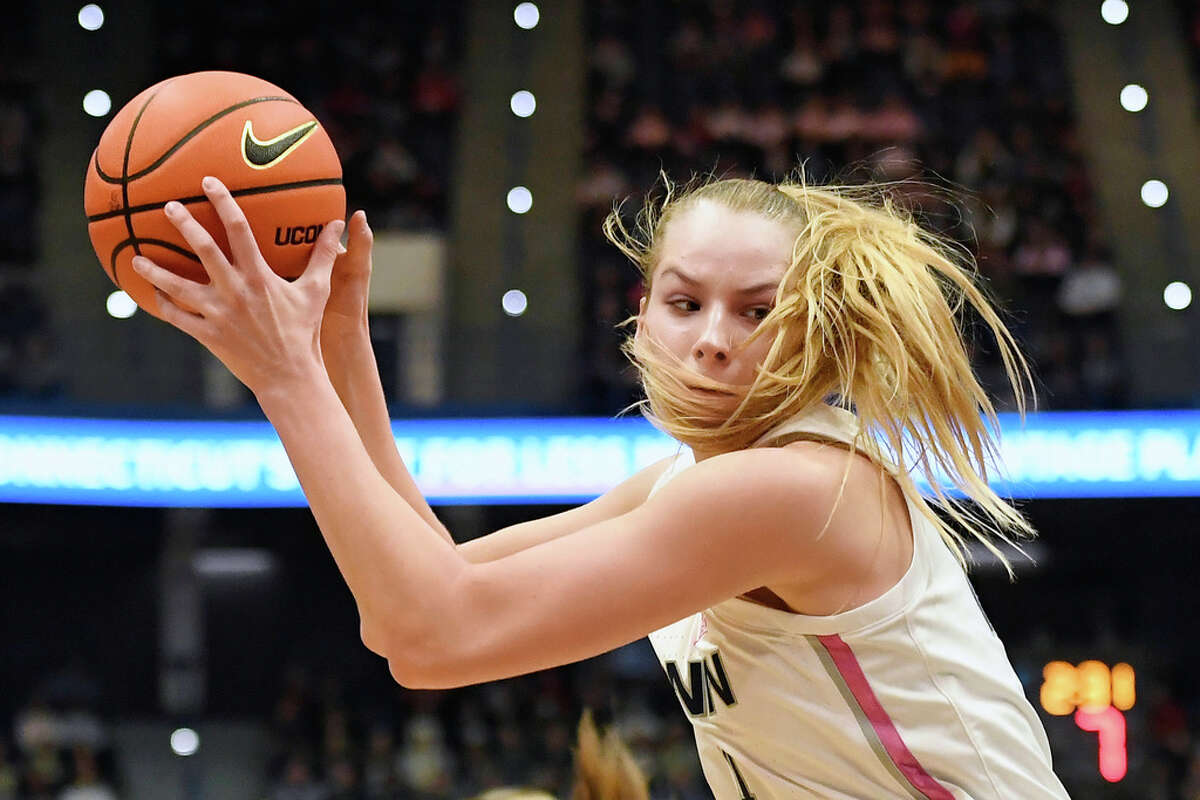 UConn's Dorka Juhasz (14) in the first half of an NCAA college basketball game against Villanova, Sunday, Jan. 29, 2023, in Hartford, Conn. (AP Photo/Jessica Hill)