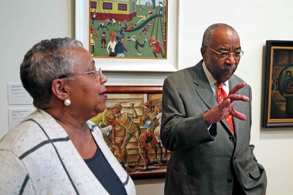 Harmon and Harriet Kelly talk about some of their collection on display. The story is about "Something to Say: The McNay Presents 100 Years of African American Art," an exhibit drawn from the well-regarded collection of Harmon and Harriet Kelley on Wednesday, January 31, 2018 at McNay Art Institute