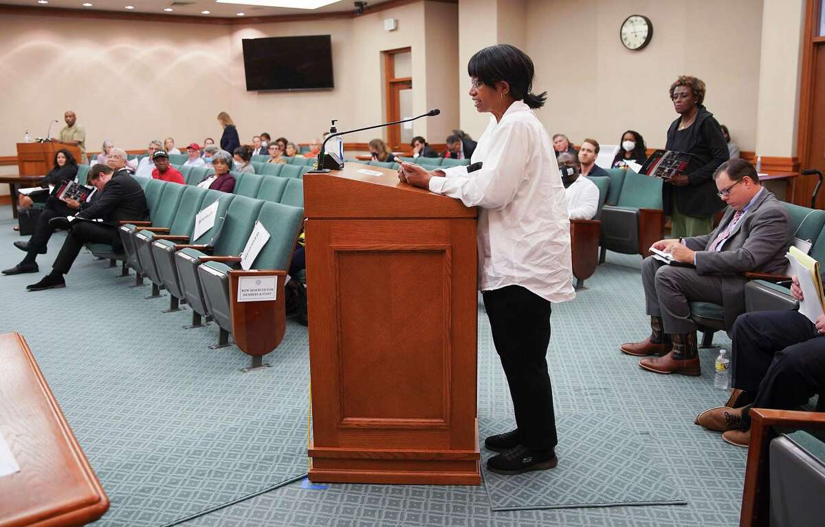 A concerned citizen speaks during the state’s Sunset Advisory Commission’s meeting regarding the Texas Commission on Environmental Quality in June 2022 at the Capitol in Austin. The Sunset Commission issued recommendations to improve the TCEQ that have not been implemented.