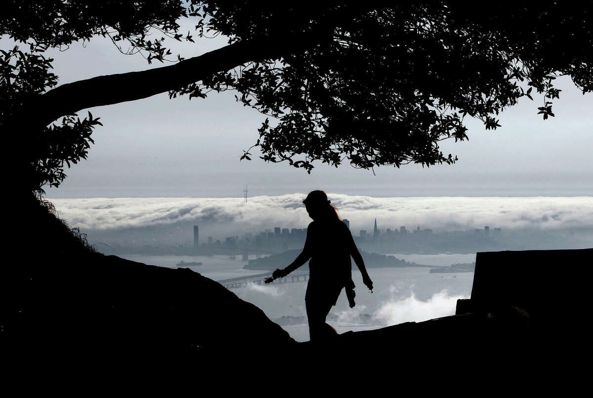 Danielle Roush against the view of fog rolling across the San Francisco skyline and into San Francisco Bay as seen from Grizzly Peak Blvd. in Berkeley, Ca. on Wednesday on April 3, 2013. Rain showers are expected to move across the Bay Area tomorrow morning.