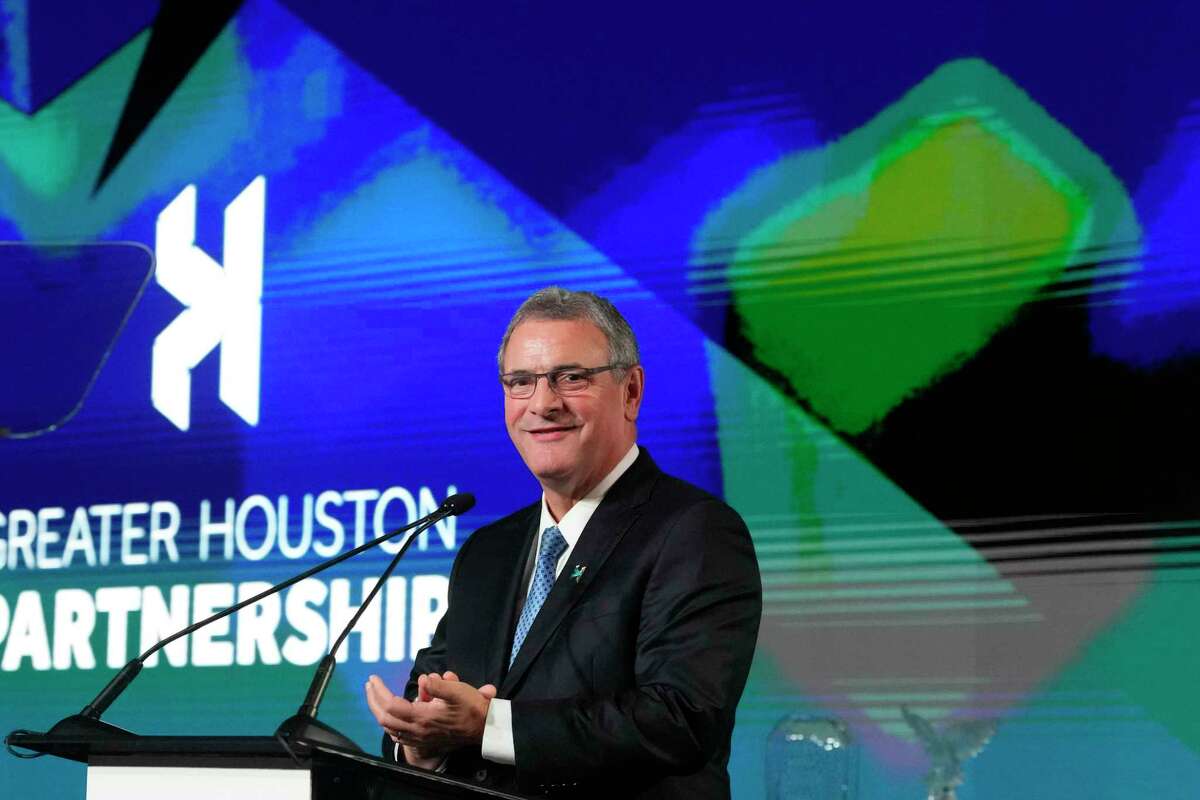 Bob Harvey, president and CEO of the Greater Houston Partnership, speaks during the Greater Houston Partnership annual luncheon at the Hilton Las Americas, Thursday, Feb. 2, 2023, in Houston.