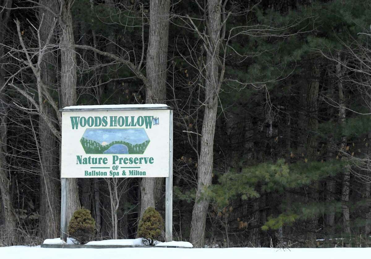 Sign for Woods Hollow Nature Preserve at the corner of Northline Rd. and Rowland St. on Thursday, Feb. 2, 2023, in Albany, N.Y.