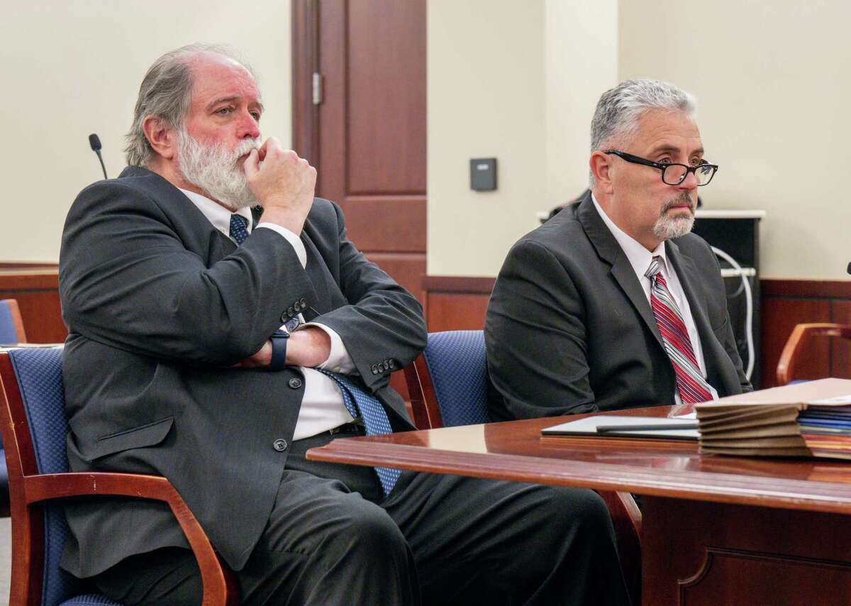 Patrick Morgan and his attorney Michael McDermott during Morgan’s sentencing for unlawful surveillance in Albany County Court on Thursday, Feb. 2, 2023, in Albany, NY.