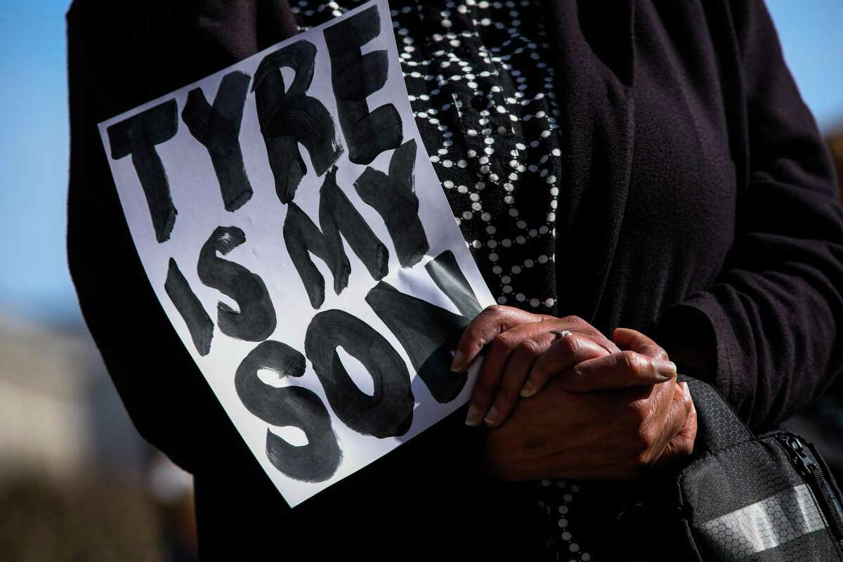 San Francisco resident Lydia Vincent-White holds a sign during a City Hall event last week to honor the memory of Tyre Nichols, who was killed by Memphis police in January. Nichols, who was Black, was killed by Black police officers. The tragedy spurred a national dialogue, with some questioning how important diversity is in making the institution of policing more equitable.