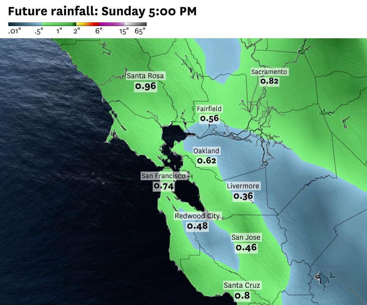 The forecast rainfall totals on the Baron weather model between Friday and Sunday night, with the highest totals slated to be found along the Sonoma County coastline and Marin headlands — up to 3 inches of rain. The rest of the Bay Area will see anywhere from an inch to an inch and a half of rain over the course of the weekend, with totals reaching 2 inches in the East Bay hills, Half Moon Bay area along Highway 1 and the west-facing sides of the Santa Cruz Mountains.