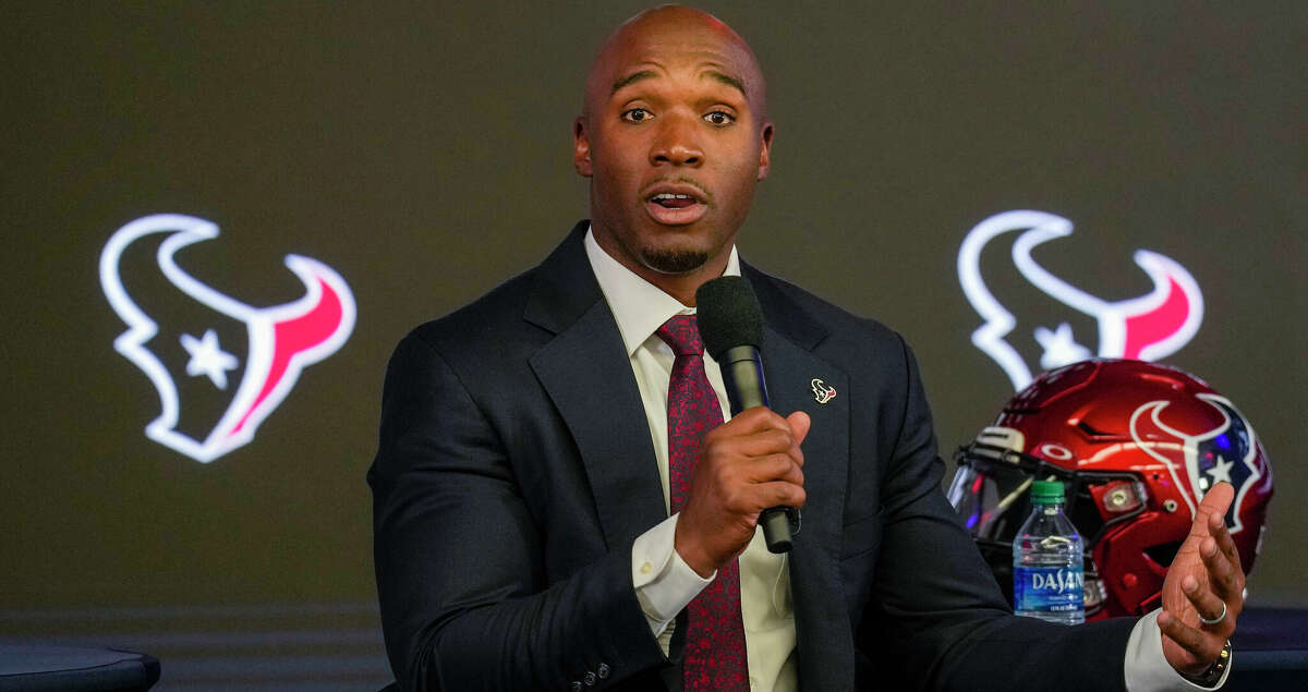 DeMeco Ryans answers a question from the media after was introduced as the new head coach of the Texans at NRG Stadium on Thursday, Feb. 2, 2023 in Houston.