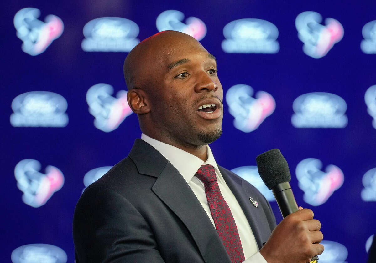 Houston Texans new head coach DeMeco Ryans answers questions from the media after he was introduced as the new head coach of the Texans at NRG Stadium on Thursday, Feb. 2, 2023 in Houston.
