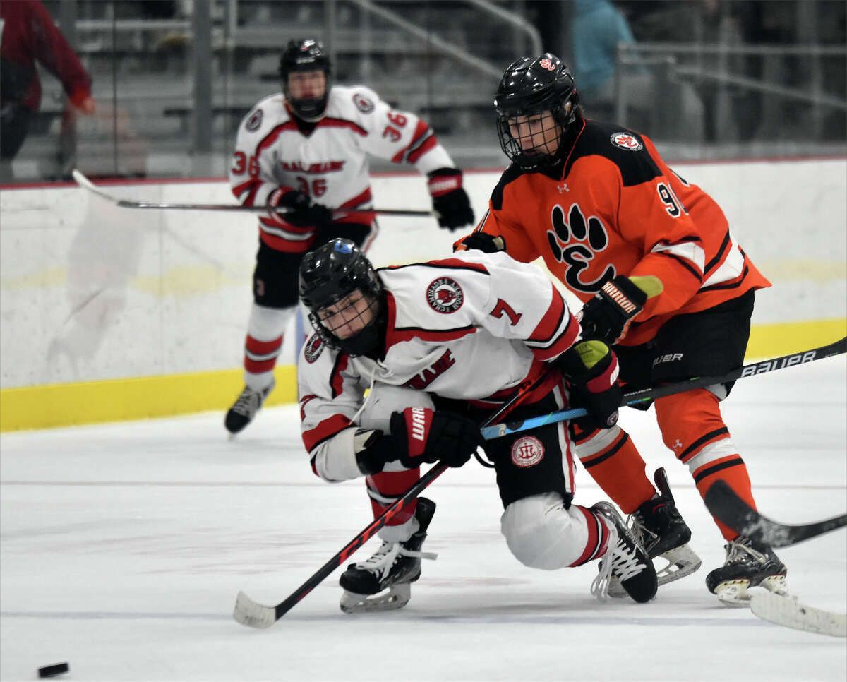 Edwardsville's Carter Crow fights for a loose puck against Chaminade on Thursday inside the R.P. Lumber Center in Edwardsville.