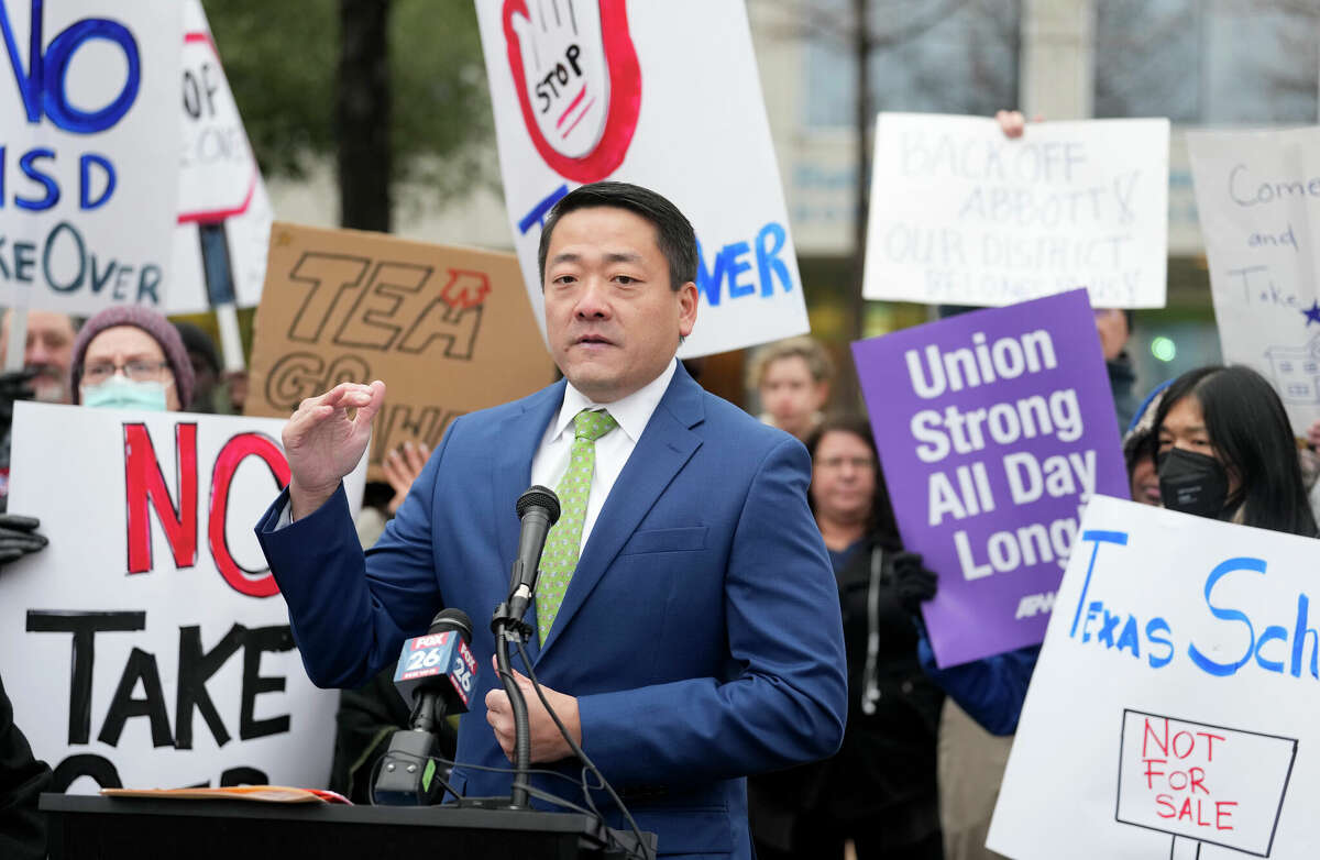 State Representative Gene Wu speak during a rally opposing the state takeover of the Houston Independent School District outside the Hattie Mae White Educational Support Center, 4400 W 18th St., Thursday, Feb. 2, 2023, in Houston.