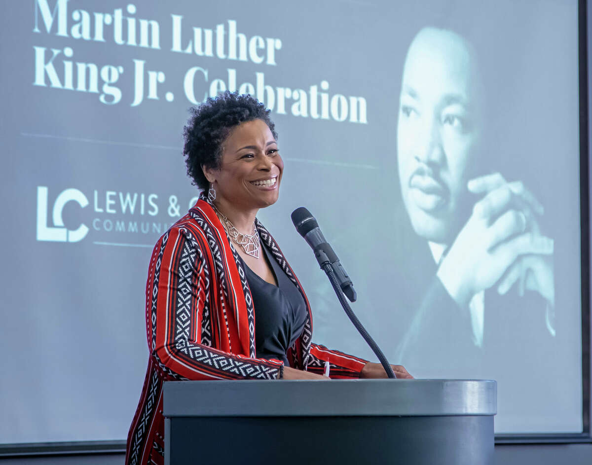 The Rev. Shelia Goins addressed a room filled with students, faculty and staff at the Jan. 26 Dr. Martin Luther King Jr. Celebration at Lewis and Clark Community College. The college has several Black History Month events planned during February.
