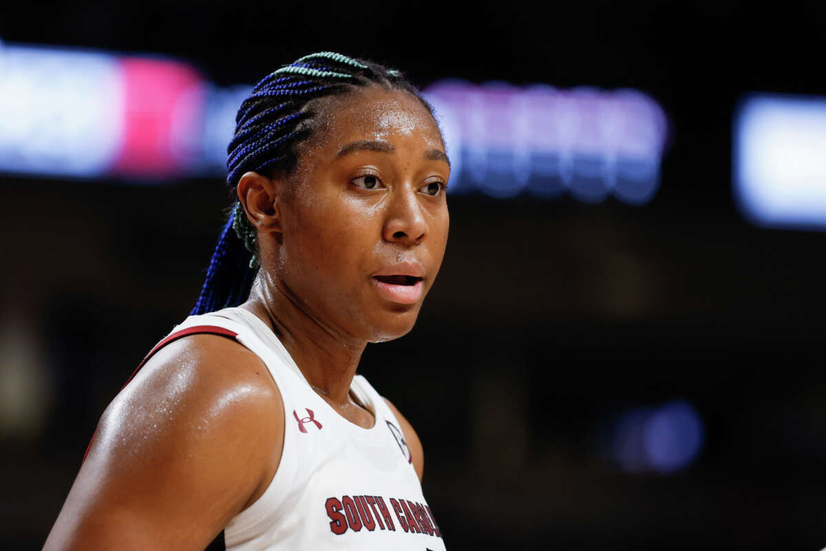 South Carolina forward Aliyah Boston stands on the court during the second half of an NCAA college basketball game against Arkansas in Columbia, S.C., Sunday, Jan. 22, 2023. South Carolina won 92-46. (AP Photo/Nell Redmond)