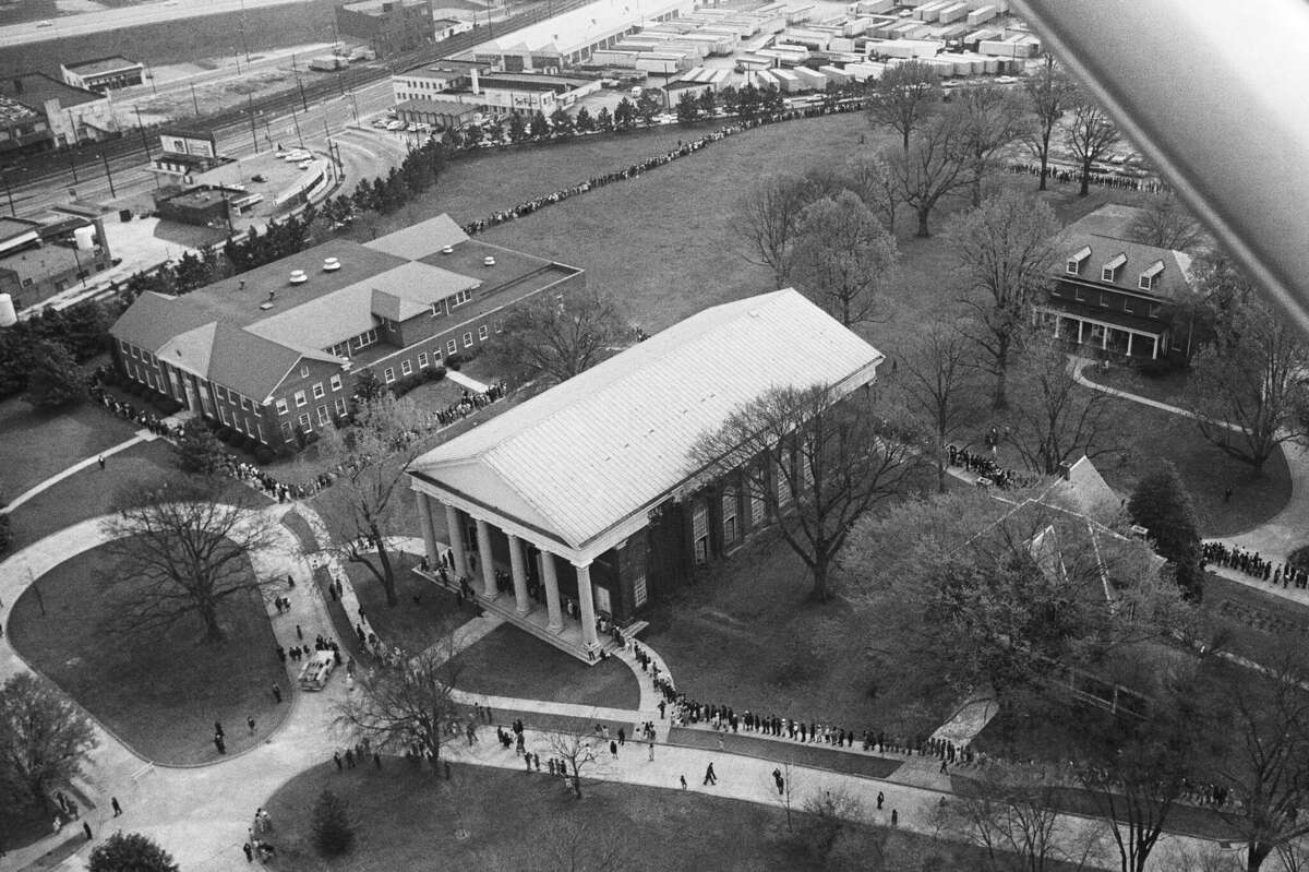 Aerial view on April 7, 1968 shows winding line of people almost completely covering the campus of tiny Spelman College as they file into Sisters Chapel to view the body of slain civil rights leader Dr. Martin Luther King. 
